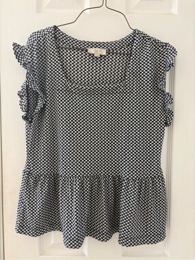 LOFT Navy & White Gingham Ruffle Peplum Top
